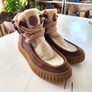 Sam Edelman Fay Platform Women Brown Leather Shearling Lined Lace Up Winter Boot